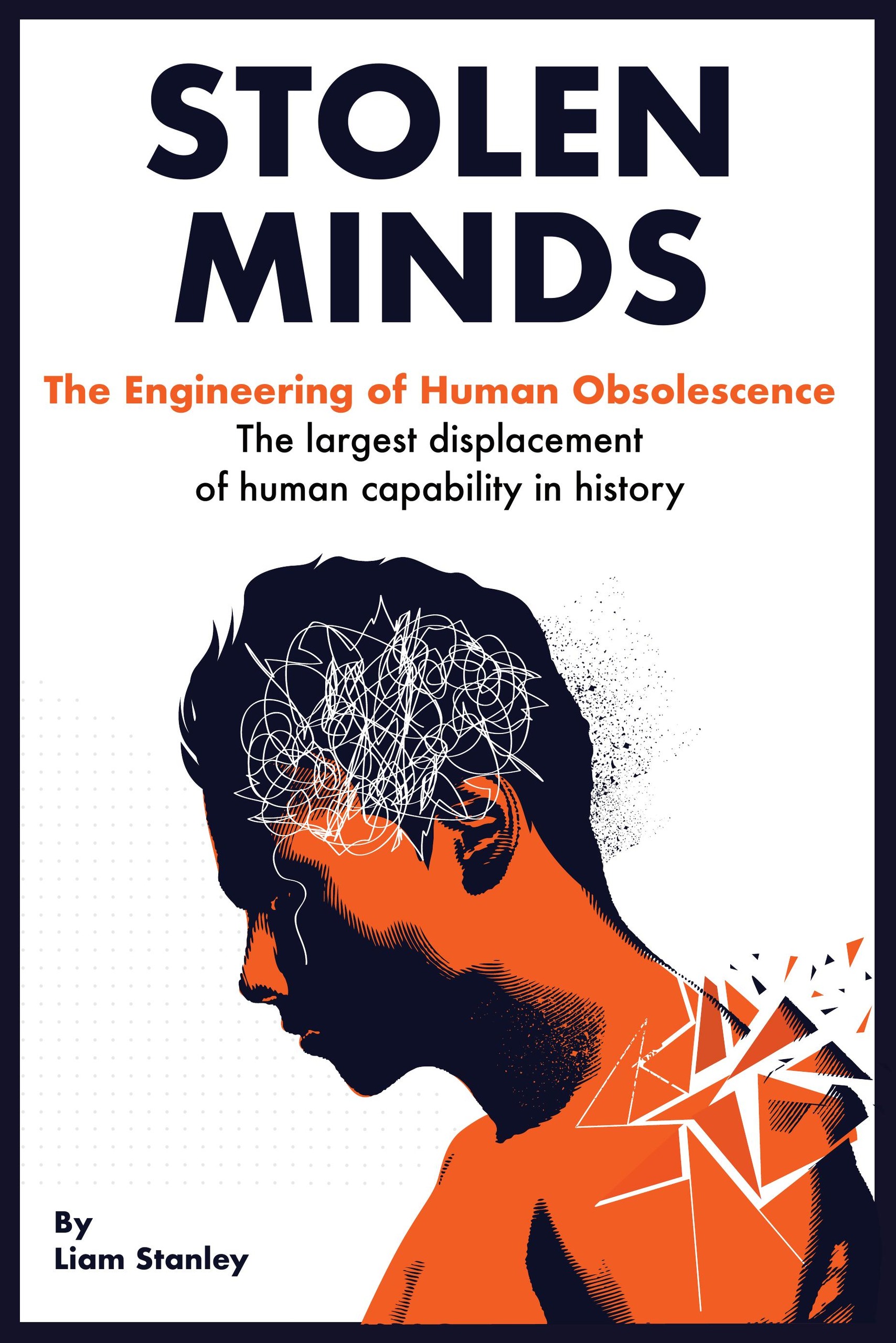 Stolen Minds book cover: a stylised human head in navy and orange, the mind unravelling into scribbles and shards